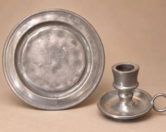 Pewter Plate and Chamberstick Candle Holder - 2 Pieces