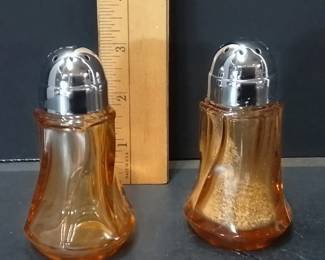 Vintage Fostoria Jamestown Amber Swirl Glass Salt & Pepper Shakers with Metal Lids