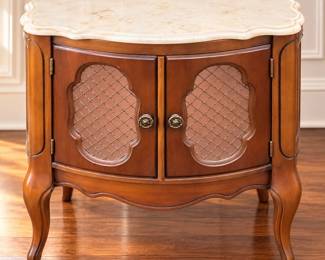 Vintage MCM Style Barrel Accent Cabinet with Woven Doors & Genuine Marble Top