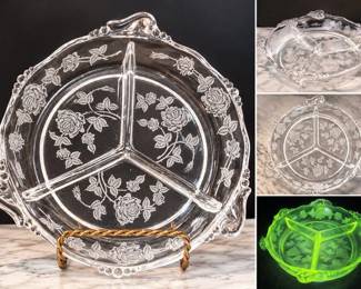 Vintage Heisey Rose Etched 3-Compartment Glass Relish Dish With Ornate Handles UV Glow