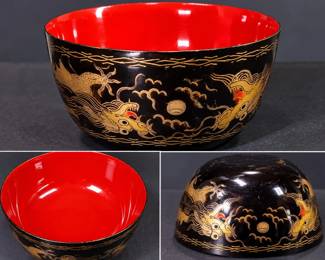 Vintage Black And Red Dragon Lacquerware Bowl Featuring A Glossy Finish And Striking Gold Motif