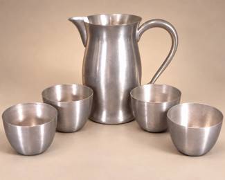 Woodbury Pewter Pitcher with 4 Pewter Cups - 5 Pieces