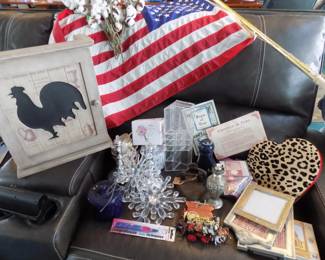 flag, chicken shelf, frames, etc