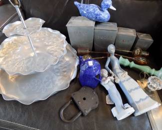 Lladro boy, ceramic woman, jadeite candle holder, Paris cast aluminum canisters, vtg lock, ceramic duck, metal & glass vtg door knob