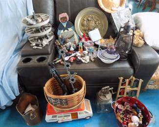 blue willow bowls, electric lantern, ceramic figures, Daizy butter churn. sterling silver items, vintage toy vehicle, xmas items
