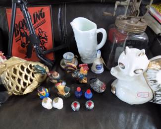 metal fish tea light, salt & pepper shakers, milk glass pitcher, ceramic squirrel vase, Daizy butter churn, ceramic chickens