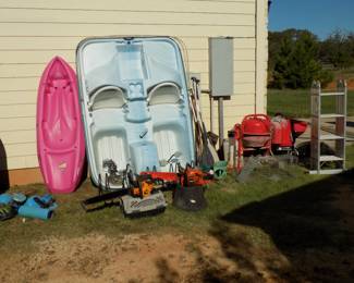 Fiji paddle boat, chain saws, cement mixer, folding ladder