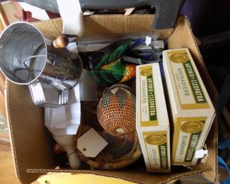 vintage cigar boxes, flour sifter, etc