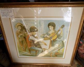 framed lithograph with certificate by Jacques Laland, 3 Musicians, with COA