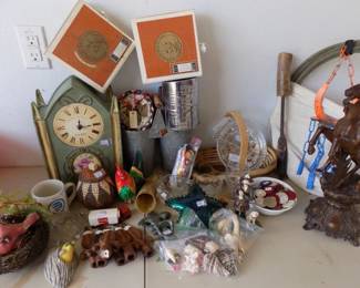 clock, cigar boxes, cast iron horse, rope, vtg poker chips, shells, sifter