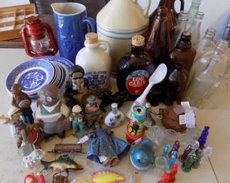 blue willow, UHL, ceramic figures, vtg bottles, Degenhart figures, lantern