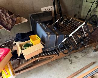 Electric hospital bed frame, vintage suitcases & household items