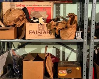 Packed basement storage - holiday decor, shelving & household goods
