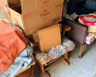 Vintage suitcases, glider rocker & household goods
