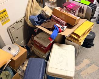 Chest freezer, Christmas decor, folding chairs & coolers