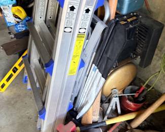 Ladder, vintage air compressor, yard tools & garage inventory