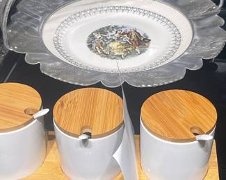 Vintage metal art frame with plate, condiment caddy
