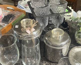 Revere ware canisters, glass caddy and glassware