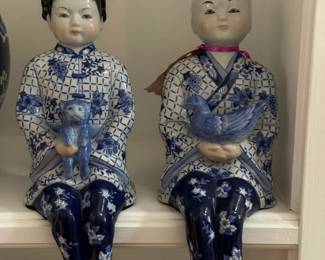 Vintage 1980's Chinoiserie Blue & White Porcelain Boy/Girl Shelf Sitters