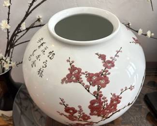 Large Korean White Porcelain Moon Jar by Master Lim Hang-Taek; plum blossom & callligraphy