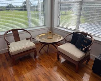 Chinese Horseshoe back armchairs w/reversible seat cushions (pattern design on other side)