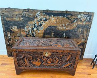 Hand carved wooden trunk, Asian 5-panel screen