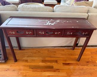 Rosewood Entry Sofa Table with Mother-of-Pearl Floral Inlay