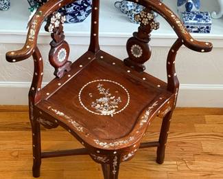 Rosewood Corner Chair with Mother-of-Pearl Floral Inlay
