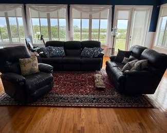 Navy blue sofa, love seat and recliner