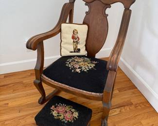 Needlepoint rocking chair w/foot stool