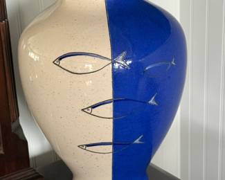 1970's Artesa Ecuador Blue Fish Painted Vase