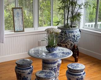 Vintage Chinese Porcelain Blue & White Table & 4 Stools