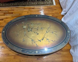 Black lacquer w/inlay oval Asian tea/coffee table w/nested stools (top view)