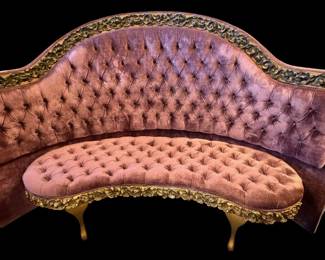 Hollywood Regency / Rococo Revival headboard and matching tufted kidney-shaped bench or foot piece for a 7-foot round bed, approximately c. 1965–1975