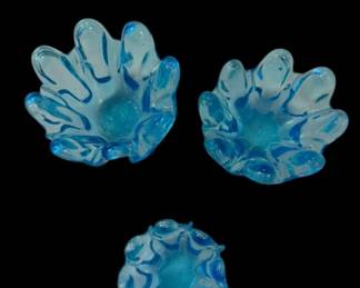 Set of Three Nesting Turquoise Blue Freeform Art Glass Bowls