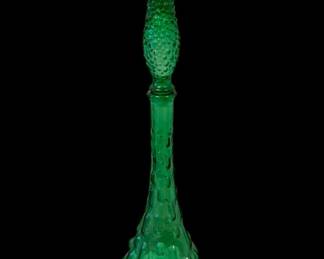 Vintage Emerald Green Textured Glass Genie Bottle Decanter with Matching Hobnail Stopper – Approximately 22" Tall.
