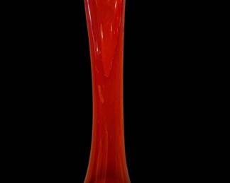 Vintage MCM Orange-Red Swung Glass Floor Vase – 36" Tall – Sculptural Asymmetrical Rim.