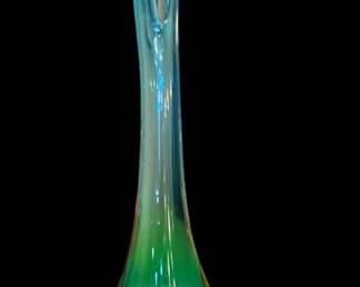 Vintage Mid-Century Modern Turquoise Blue Swung Art Glass Vase – Asymmetrical Split Rim – Approximately 21" Tall.