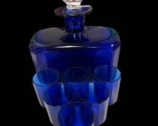 Cobalt Blue Glass Decanter with Faceted Stopper and Six Matching Glasses