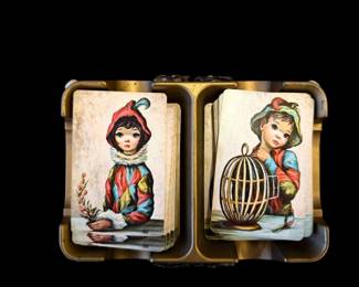 Vintage Kuhlman Plastics Gold-Tone Playing Card Holder with Big Eyes Illustrated Cards – Mid-Century
