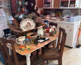 wonderful country table, T back leather seat chairs (6)