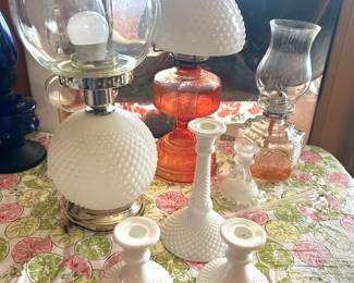 Diamond point Milk Glass candlesticks