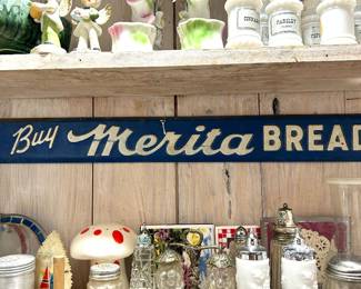 vintage sp shakers, vintage metal Buy Merita Bread sign
