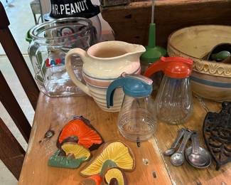 Vintage syrup containers, McCoy pitcher, earthen ware bowl