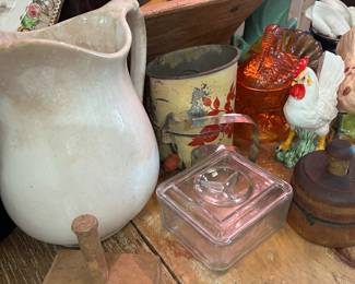 ironstone pitcher, refrigerator glass, vintage flour sifter