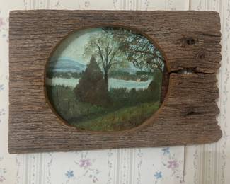 hand painted oil landscape with barn wood frame 