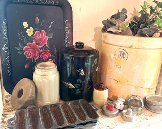 tole tray, crock, crock canister milling stone, cast iron cornbread mold, 4 gallon crock 