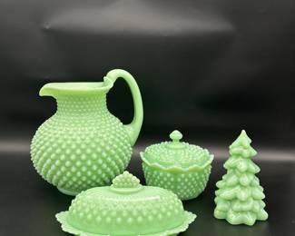 Jadite hobnail pitcher and dish set
