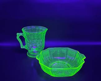 Uranium glass pitcher and bowl