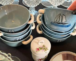 Italian-made blue ceramic soup bowls with sailboat designs